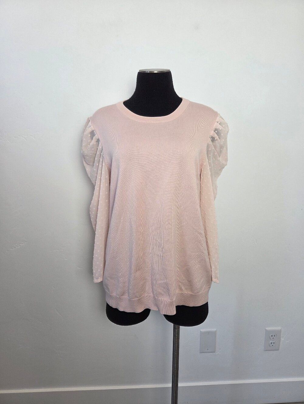 Adrianna Papell Pink Knit Top Swiss Dot Sheet Coquette Kawaii Office Siren L